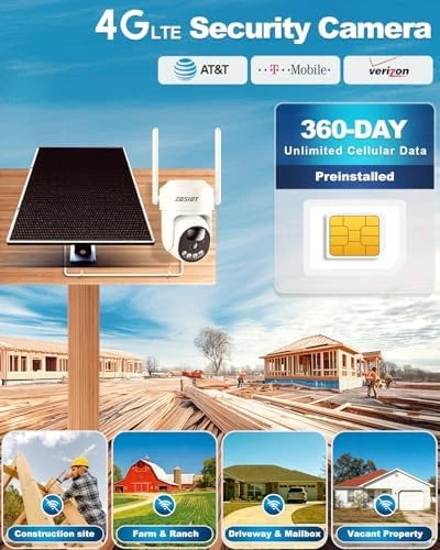 Cellular Security Camera with Solar Power and 360-Day Data — Security Camera, ZDSIOT