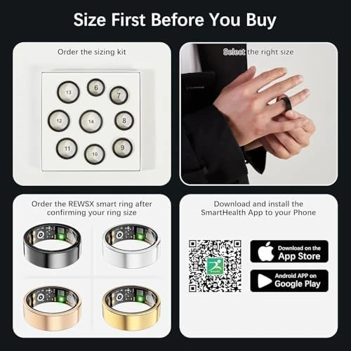 Fitness Ring with Heart Rate, Blood Oxygen, Stress, Sleep, and Step Tracking — Smart Ring, REWSX