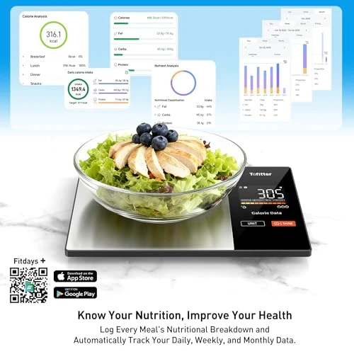Kitchen Scales Food Scales Calorie Counting Nutrition Food Scale with Free App & Bluetooth Tracks 20 Nutrients — Smart Scale, Tofitter