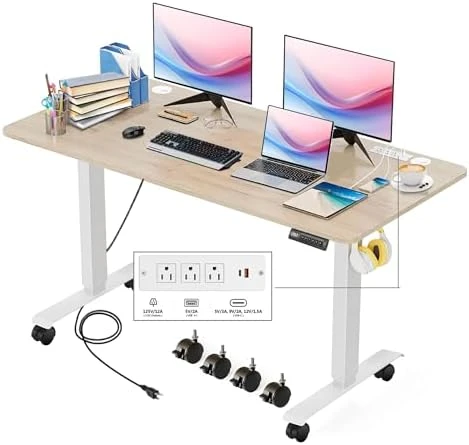 Adjustable Height Computer Desk with Wheels and Charging Station — Standing Desk, Legooin