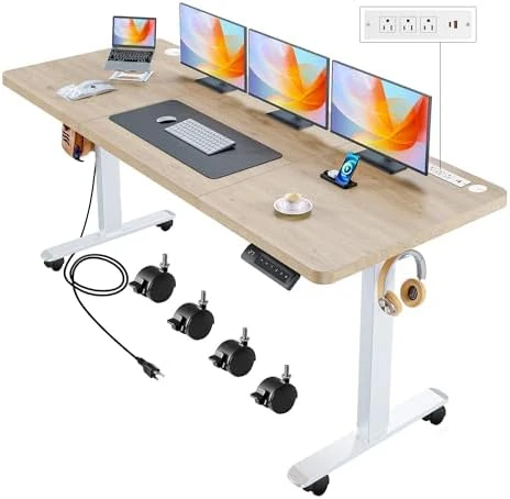 Adjustable Height Computer Desk with Wheels and Charging Station — Standing Desk, Legooin