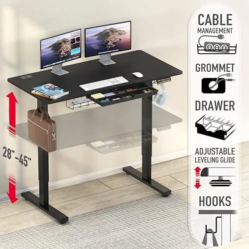 Electric Height Adjustable Standing Desk with Drawer, Memory Preset and Cable Management Tray — Standing Desk, SHW