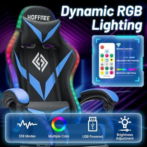 Gaming Chair with Bluetooth Speakers, RGB LED Lights, Massage Lumbar Support, and Retractable Footrest — Smart Chairs, VANSPACE