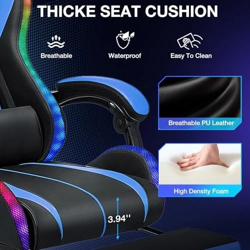 Gaming Chair with Bluetooth Speakers, RGB LED Lights, Massage Lumbar Support, and Retractable Footrest — Smart Chairs, VANSPACE