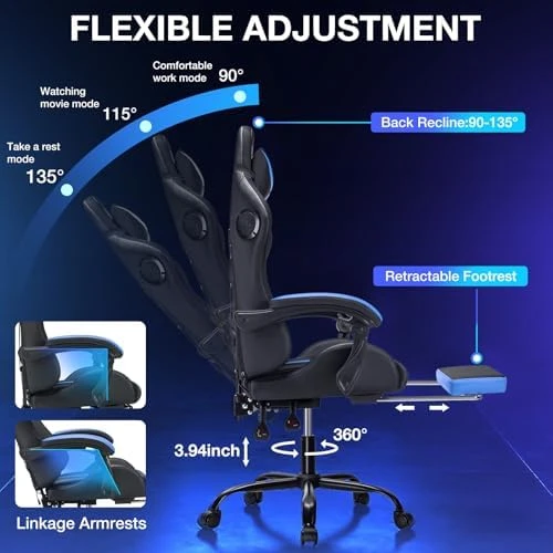Gaming Chair with Bluetooth Speakers, RGB LED Lights, Massage Lumbar Support, and Retractable Footrest — Smart Chairs, VANSPACE