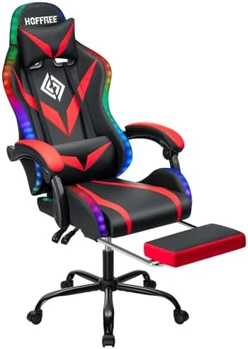 Gaming Chair with Bluetooth Speakers, RGB LED Lights, Massage Lumbar Support, and Retractable Footrest — Smart Chairs, VANSPACE