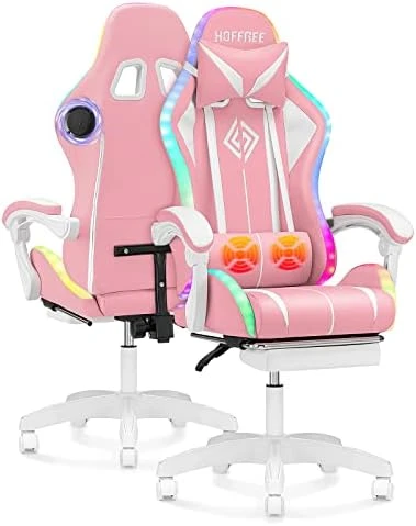 Gaming Chair with Bluetooth Speakers, RGB LED Lights, Massage Lumbar Support, and Retractable Footrest — Smart Chairs, VANSPACE