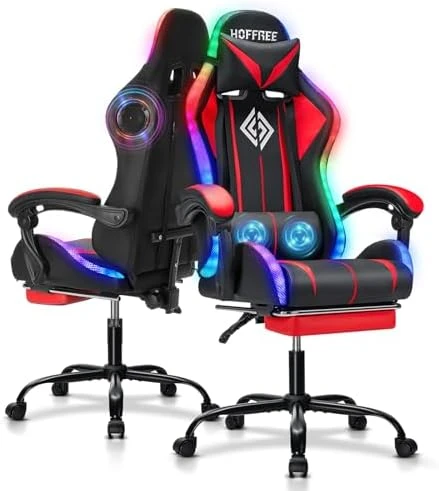 Gaming Chair with Bluetooth Speakers, RGB LED Lights, Massage Lumbar Support, and Retractable Footrest — Smart Chairs, VANSPACE