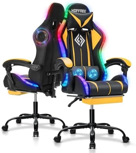 Gaming Chair with Bluetooth Speakers, RGB LED Lights, Massage Lumbar Support, and Retractable Footrest — Smart Chairs, VANSPACE