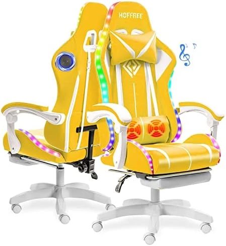 Gaming Chair with Bluetooth Speakers, RGB LED Lights, Massage Lumbar Support, and Retractable Footrest — Smart Chairs, VANSPACE