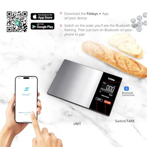 Kitchen Scales Food Scales Calorie Counting Nutrition Food Scale with Free App & Bluetooth Tracks 20 Nutrients — Smart Scale, Tofitter