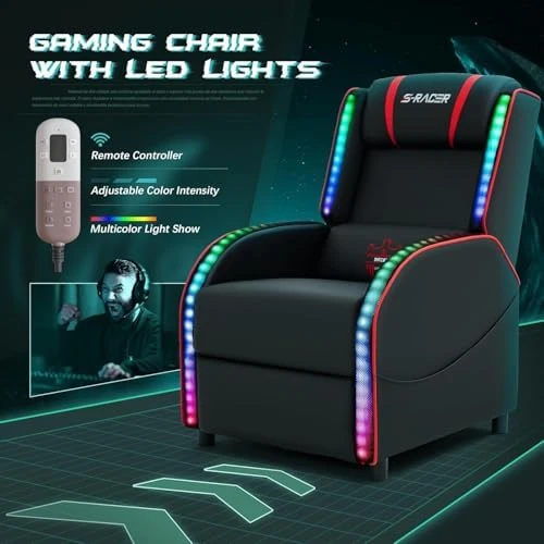 LED Gaming Massage Recliner Chair Racing Style Single Living Room Sofa — Massage Chairs, Homall