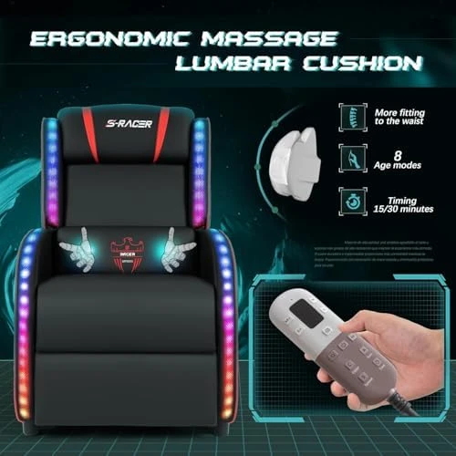 LED Gaming Massage Recliner Chair Racing Style Single Living Room Sofa — Massage Chairs, Homall