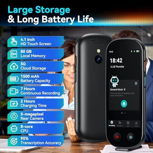 AI Voice Recorder with Playback and Transcription — Translator Device, HUREWA