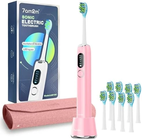 Ultrasonic Electric Toothbrush with LED Screen, 5 Modes, Long Battery Life, 8 Brush Heads, Travel Case — Electric Toothbrush, 7AM2M