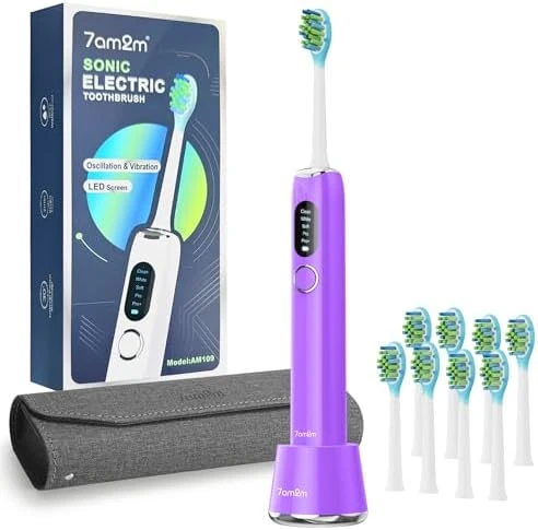 Ultrasonic Electric Toothbrush with LED Screen, 5 Modes, Long Battery Life, 8 Brush Heads, Travel Case — Electric Toothbrush, 7AM2M