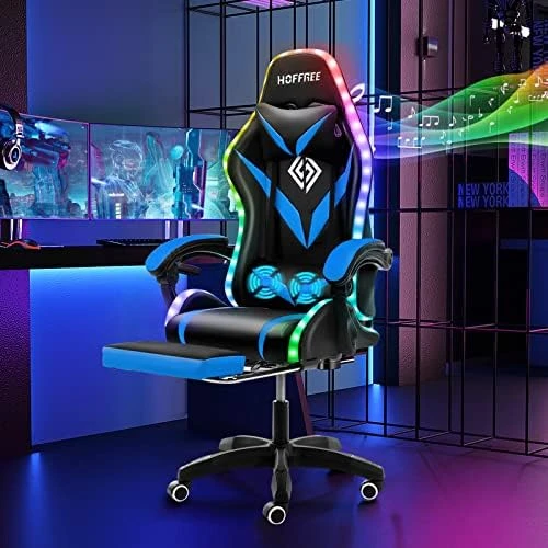 Gaming Chair with Massage, Bluetooth Speakers, and LED Lights — Smart Chairs, HOFFREE