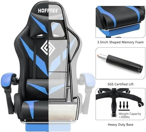 Gaming Chair with Massage, Bluetooth Speakers, and LED Lights — Smart Chairs, HOFFREE