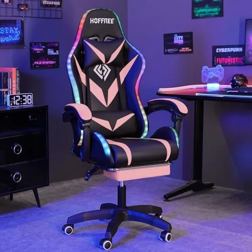 Gaming Chair with Massage, Bluetooth Speakers, and LED Lights — Smart Chairs, HOFFREE