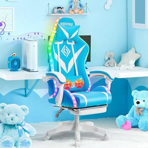 Gaming Chair with Massage, Bluetooth Speakers, and LED Lights — Smart Chairs, HOFFREE