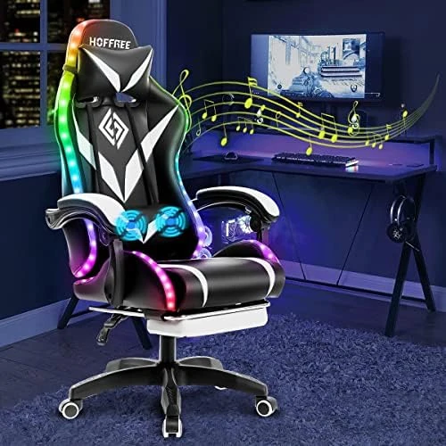 Gaming Chair with Massage, Bluetooth Speakers, and LED Lights — Smart Chairs, HOFFREE