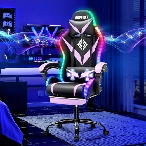 Gaming Chair with Massage, Bluetooth Speakers, and LED Lights — Smart Chairs, HOFFREE