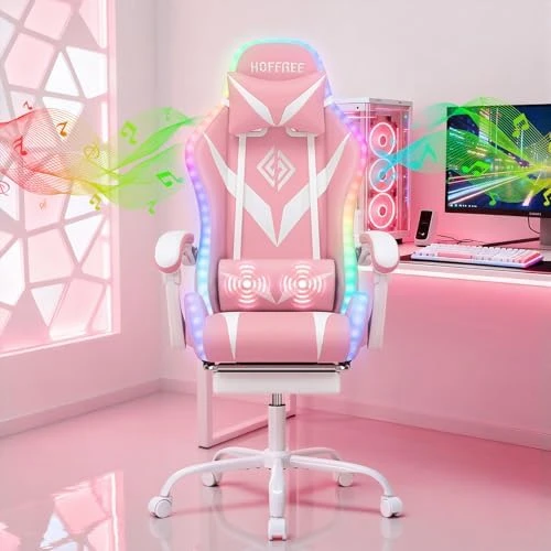 Gaming Chair with Massage, Bluetooth Speakers, and LED Lights — Smart Chairs, HOFFREE