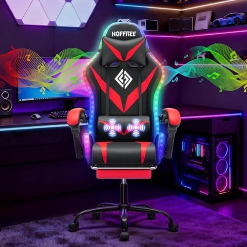 Gaming Chair with Massage, Bluetooth Speakers, and LED Lights — Smart Chairs, HOFFREE