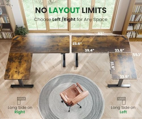 L-Shaped Adjustable Height Desk with Charging Station — Standing Desk, SIAGO