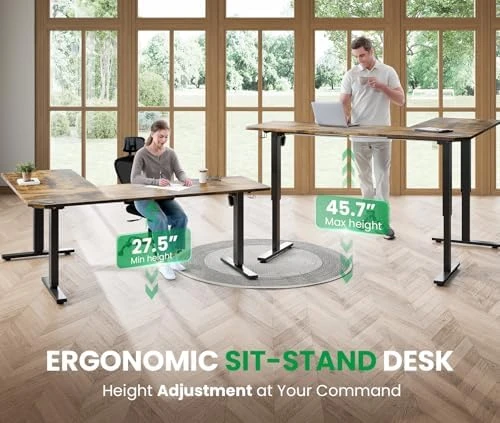 L-Shaped Adjustable Height Desk with Charging Station — Standing Desk, SIAGO