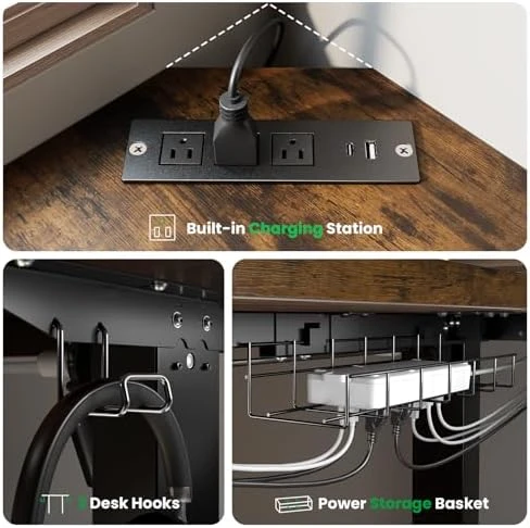 L-Shaped Adjustable Height Desk with Charging Station — Standing Desk, SIAGO