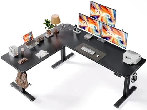 L-Shaped Adjustable Height Desk with Charging Station — Standing Desk, SIAGO