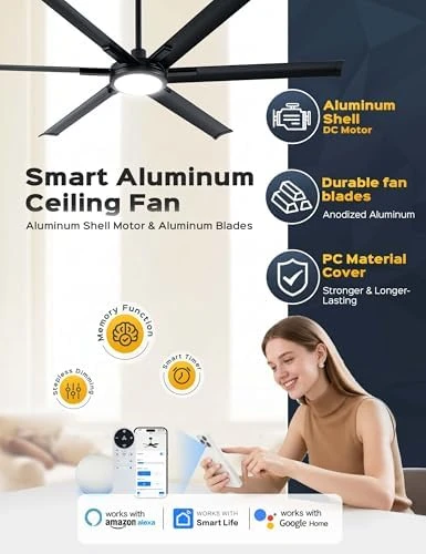 65 Inch Ultra-thin Smart Ceiling Fan with WiFi Alexa APP Remote Control, Whole Aluminum DC Motor and Blades, 6 Speed,... — Smart Fan, ECOiTEL