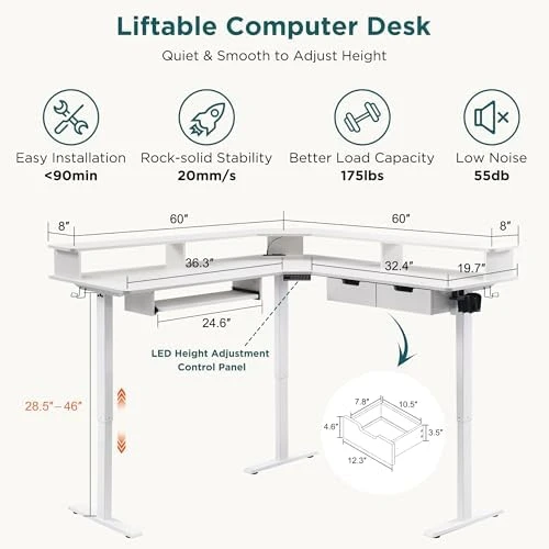 L Shaped Electric Standing Desk with Drawers, Keyboard Tray, Power Outlets & LED Lights — Standing Desk, RedLemon