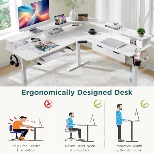 L Shaped Electric Standing Desk with Drawers, Keyboard Tray, Power Outlets & LED Lights — Standing Desk, RedLemon
