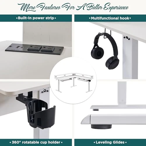L Shaped Electric Standing Desk with Drawers, Keyboard Tray, Power Outlets & LED Lights — Standing Desk, RedLemon