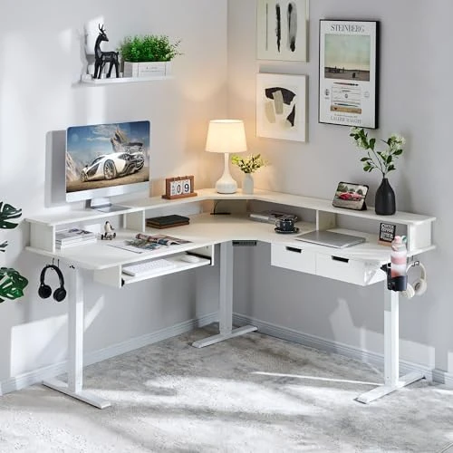 L Shaped Electric Standing Desk with Drawers, Keyboard Tray, Power Outlets & LED Lights — Standing Desk, RedLemon