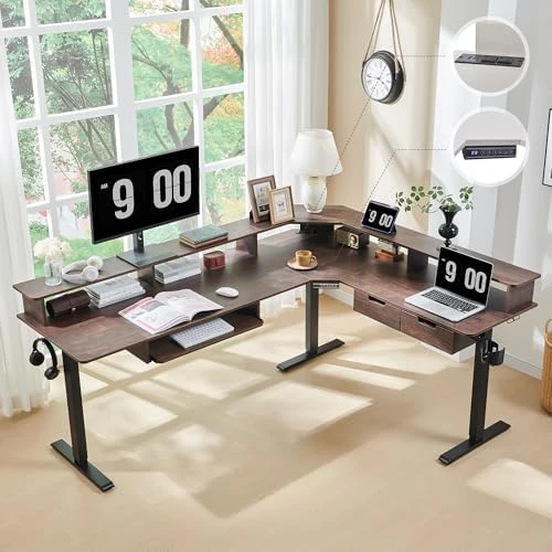 L Shaped Electric Standing Desk with Drawers, Keyboard Tray, Power Outlets & LED Lights — Standing Desk, RedLemon