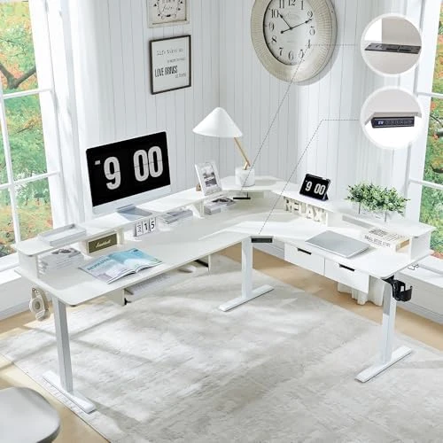 L Shaped Electric Standing Desk with Drawers, Keyboard Tray, Power Outlets & LED Lights — Standing Desk, RedLemon
