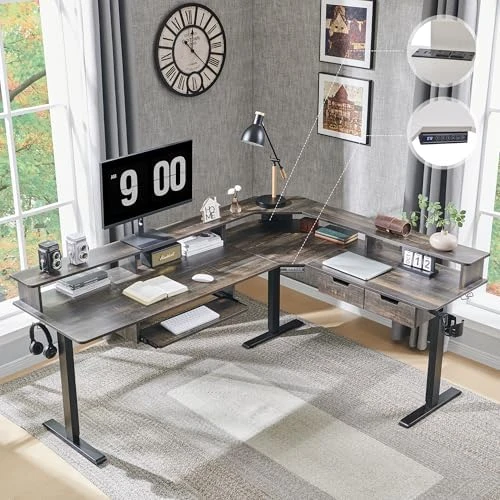 L Shaped Electric Standing Desk with Drawers, Keyboard Tray, Power Outlets & LED Lights — Standing Desk, RedLemon