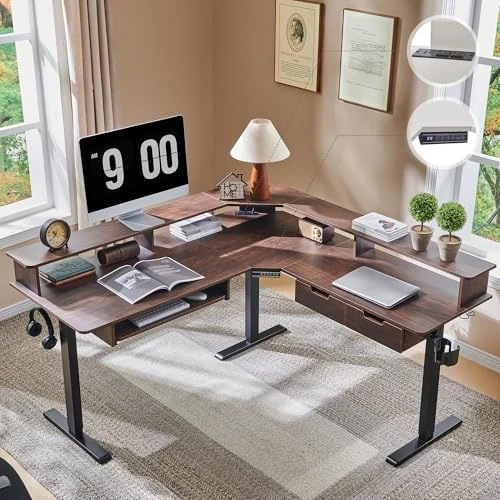 L Shaped Electric Standing Desk with Drawers, Keyboard Tray, Power Outlets & LED Lights — Standing Desk, RedLemon