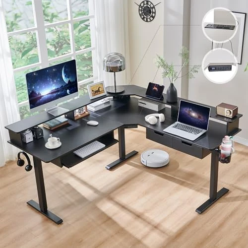 L Shaped Electric Standing Desk with Drawers, Keyboard Tray, Power Outlets & LED Lights — Standing Desk, RedLemon