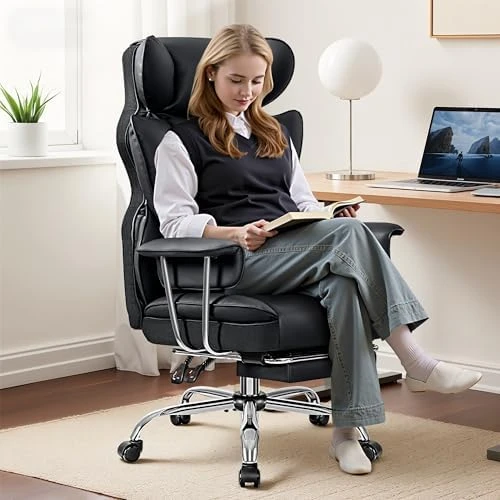 Office Chair Comfy, Big and Tall Executive Leather Chair, High Back Ergonomic Wide Chair with Footrest, Reclining... — Smart Chairs, ALLGOD