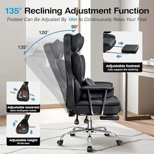 Office Chair Comfy, Big and Tall Executive Leather Chair, High Back Ergonomic Wide Chair with Footrest, Reclining... — Smart Chairs, ALLGOD