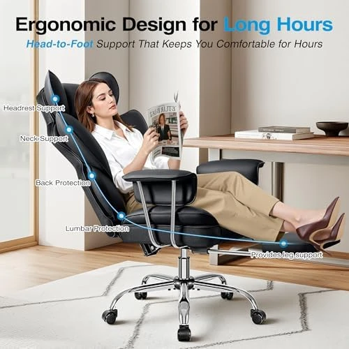 Office Chair Comfy, Big and Tall Executive Leather Chair, High Back Ergonomic Wide Chair with Footrest, Reclining... — Smart Chairs, ALLGOD