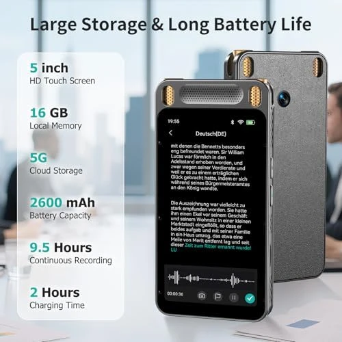 Voice Recorder with AI Transcription and Translation — Translator Device, Fivegren