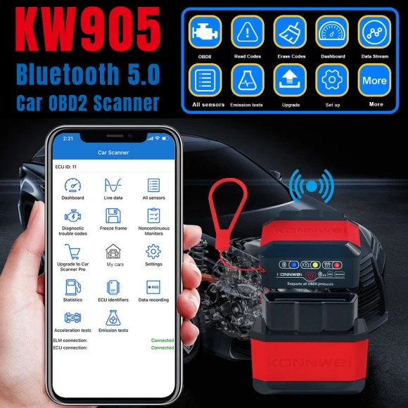 Car OBD2 Scanner Bluetooth 5.0 Engine Analyzer — OBD2 Scanners, KONNWEI