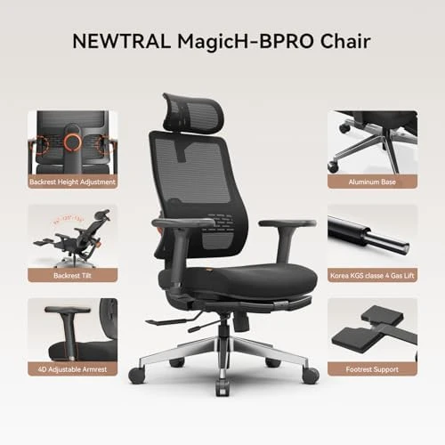 Ergonomic Office Chair with Footrest, Auto-Following Lumbar Support, High Back Desk Chair with 4D Armrest, 136° Tilt... — Smart Chairs, NEWTRAL