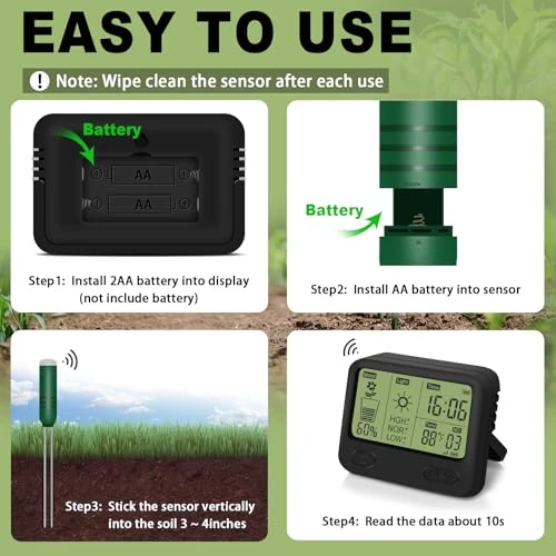 Wireless Soil Moisture Meter with Thermometer, Sunlight, and Time Display — Soil Moisture Sensor, Kithouse