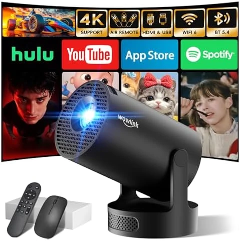 Mini Projector with WiFi 6 and Bluetooth 5.4 Support 4K 1080P Auto Keystone 180° Rotatable — Smart Projector, wowlink